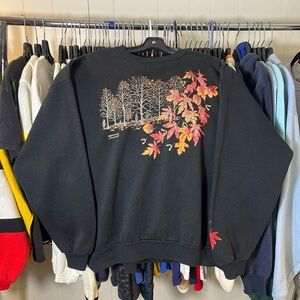 Black Crewneck Sweatshirt with Autumn Leaf Print